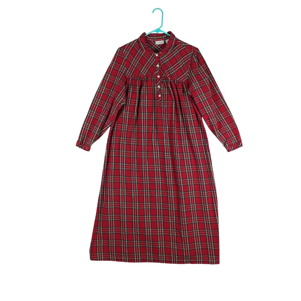 L.L. Bean Flannel Nightgown Women Petite M Red Tartan Plaid Holiday Festive
